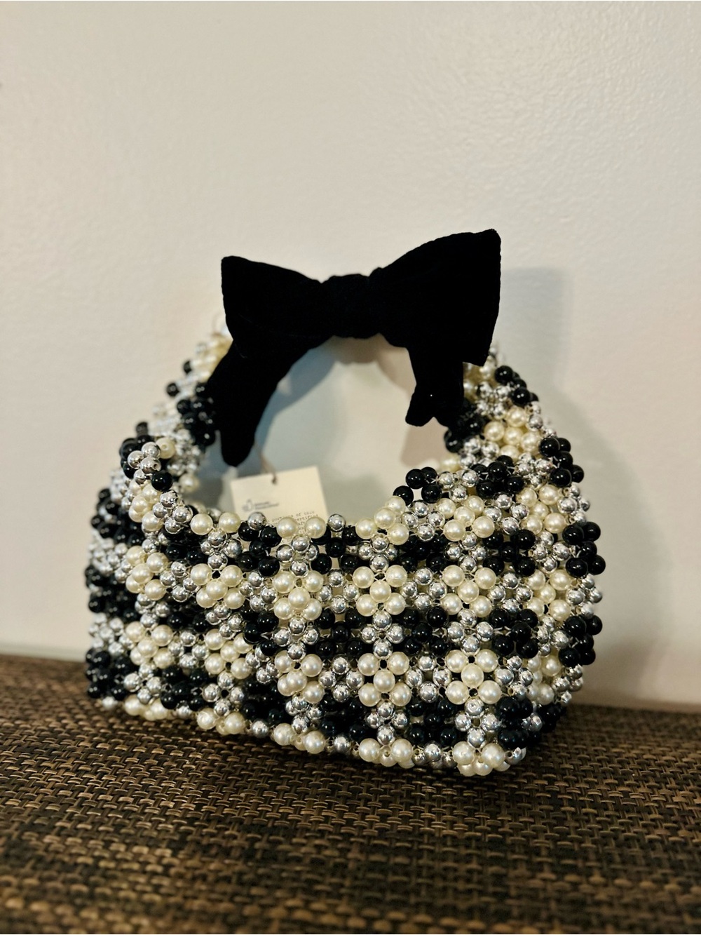 NWT A New Day Black & White Beaded Checkered Shoulder Bag with Bow Pearl - Picture 3 of 12
